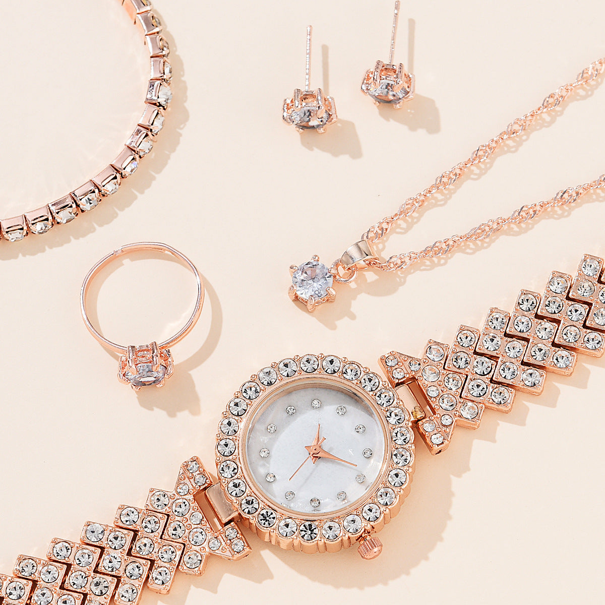 Set of women's alloy quartz watch, necklace, earrings, bracelet and ring