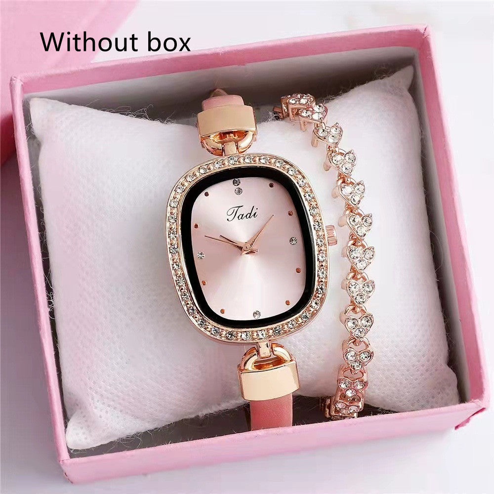 Damen-Armbanduhr-Set, Zwei-teilige Damen-Quarzuhr, Diamant-Strass-Dünngürtel-Modeuhr