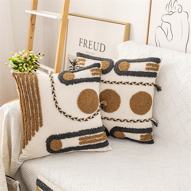Indian ethnic style hand tufted cushion cover with braided velvet loops.