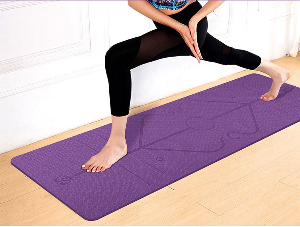 Non-slip TPE yoga mat with position guidelines for beginners.