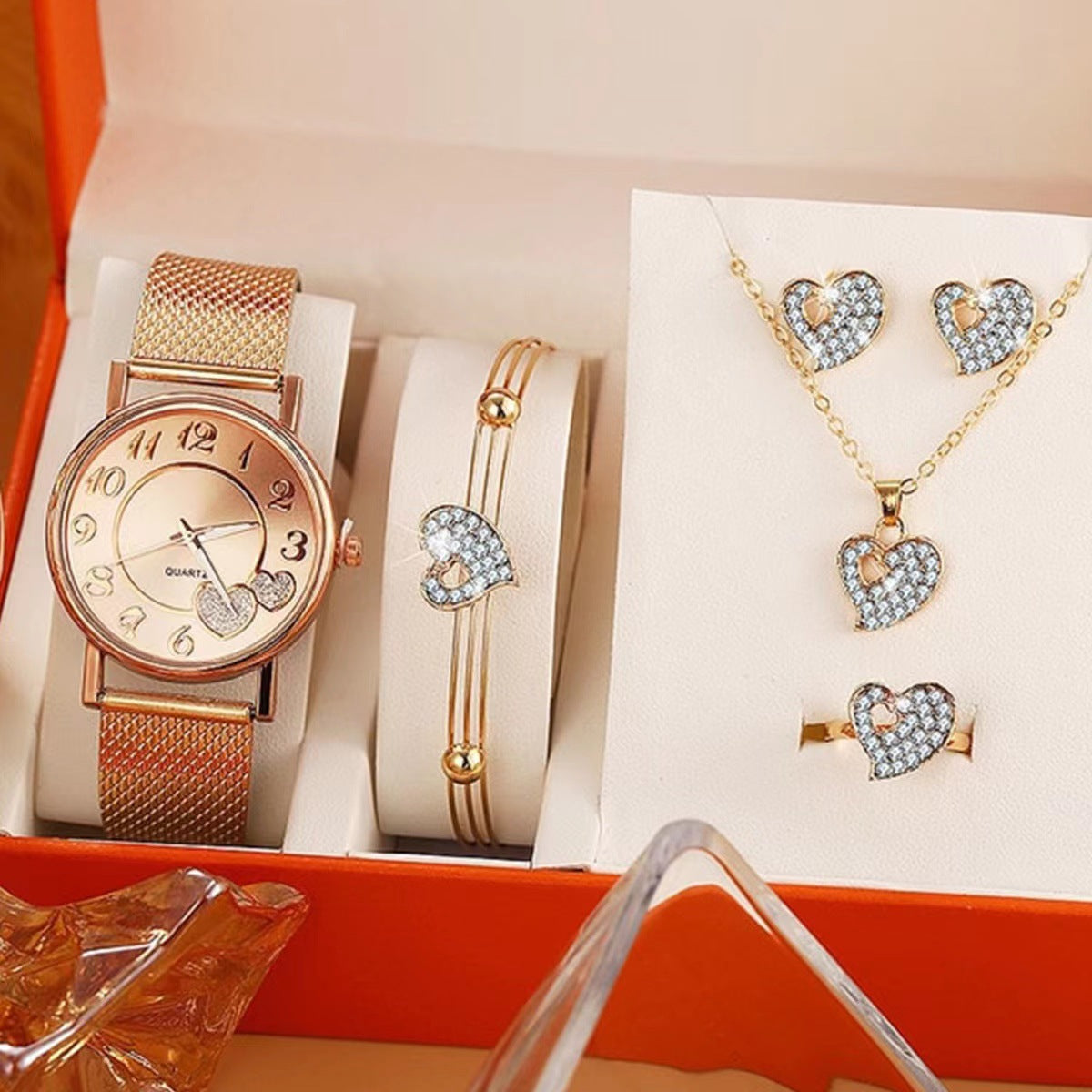 Plastic Mesh Bag Peach Heart Jewelry Set for Women Five Piece Set