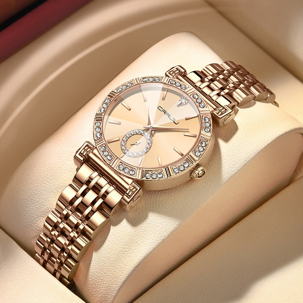 Women's watch with steel bracelet and diamond embedding (fashion jewelry)