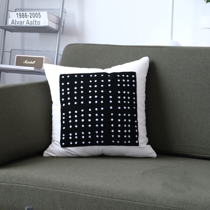 Modernes Kissen mit Wellen-, Punkt- und geometrischem Schwarz-Weiß-Muster