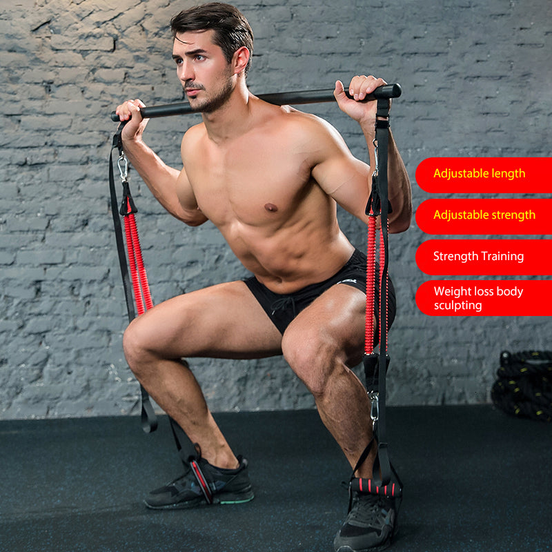 Body workout trainer bar with resistance bands and rubber buckles