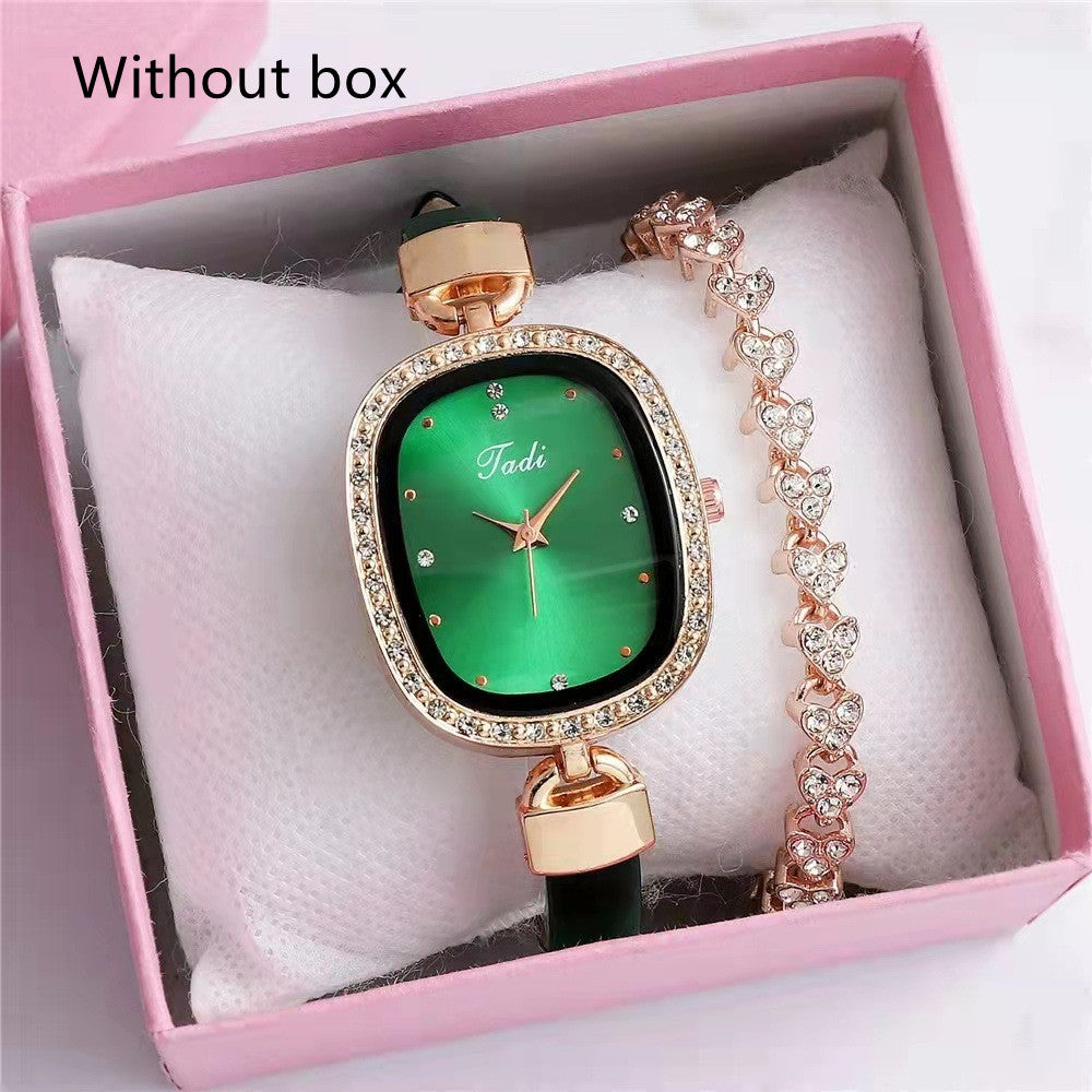 Damen-Armbanduhr-Set, Zwei-teilige Damen-Quarzuhr, Diamant-Strass-Dünngürtel-Modeuhr