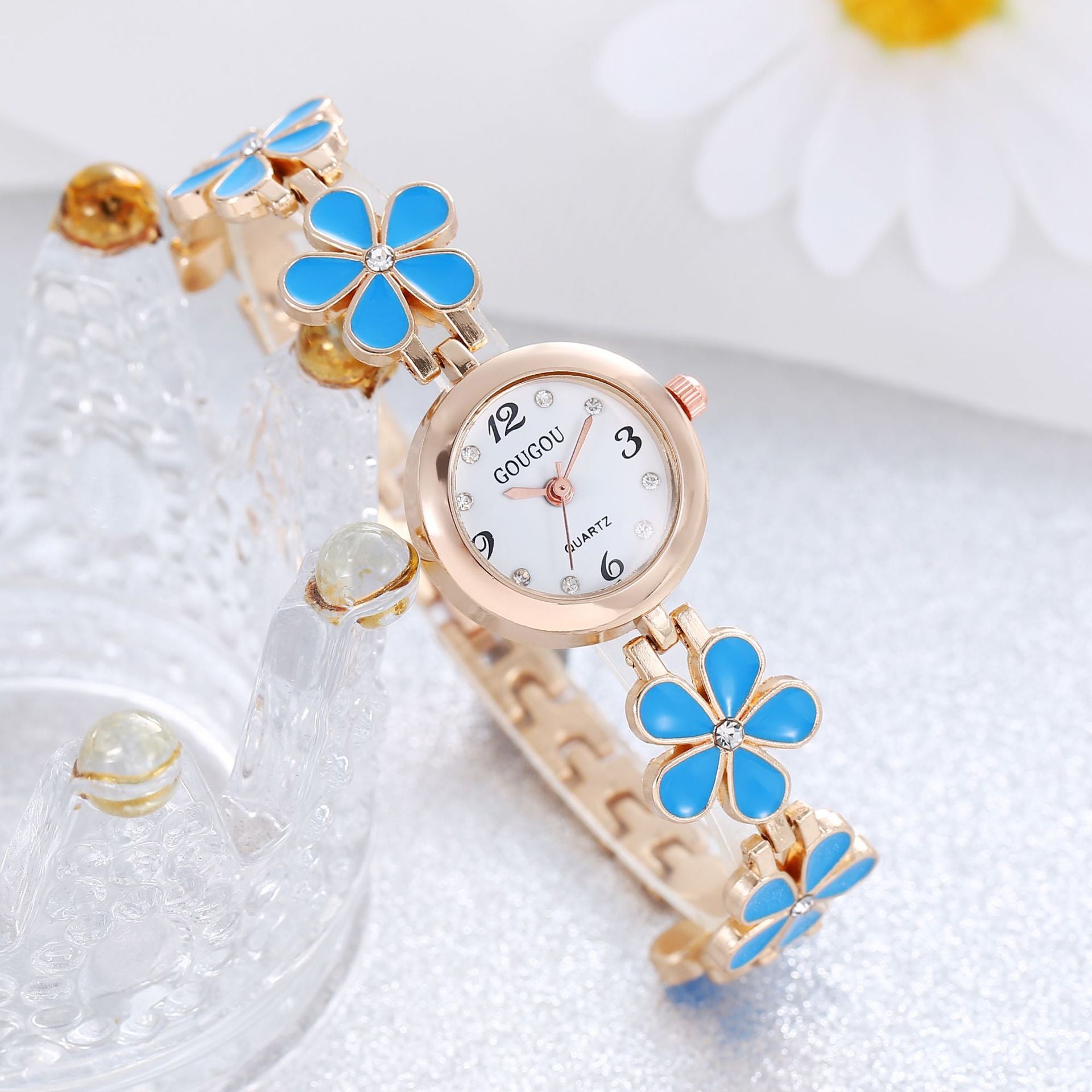 Damen Armbanduhr Blumenscheibe Zwei-teiliges Armbandset