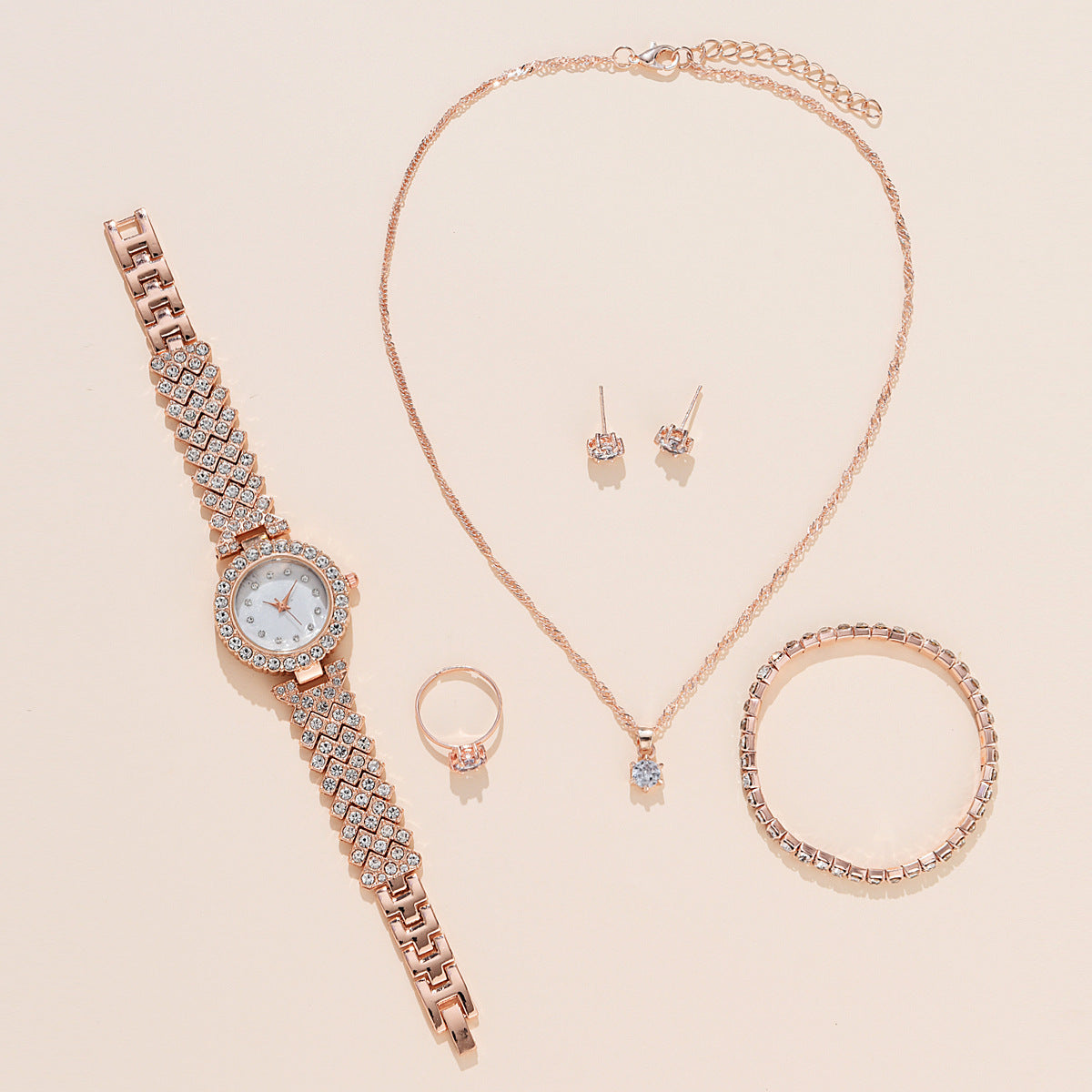 Set of women's alloy quartz watch, necklace, earrings, bracelet and ring