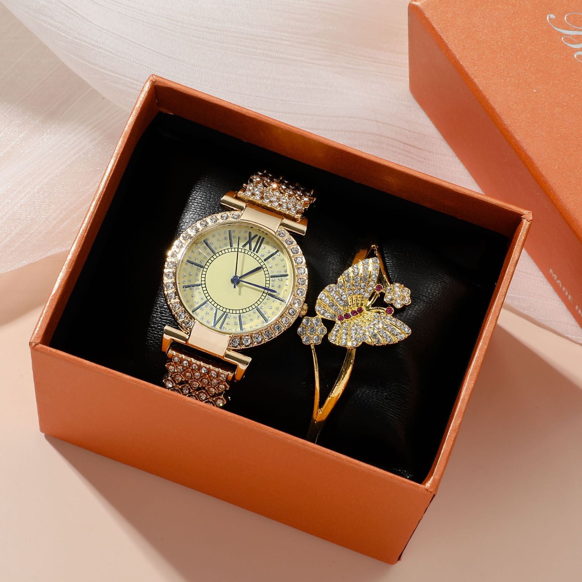 Armbanduhr mit vollständigen Diamanten (Modeschmuck) für Damen, luxuriös, elegant, in Gold