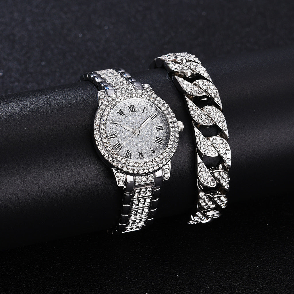 Full Diamond Roman Dial Steel Watch Strap Set