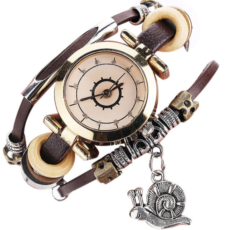 Damenuhr im Vintage-Stil mit Armbanduhr, Lederarmband und Schneckenanhänger