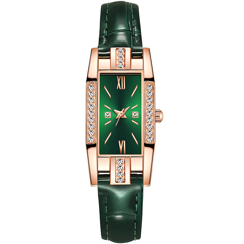 Women's quartz watch with leather strap - jewelry three-piece set