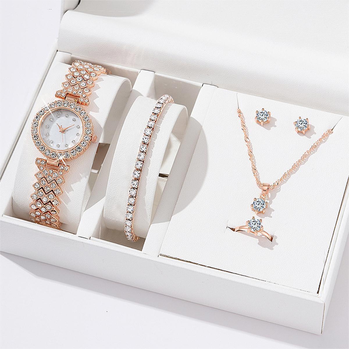 Set aus Damenlegierungsquarzuhr, Halskette, Ohrringen, Armband und Ring