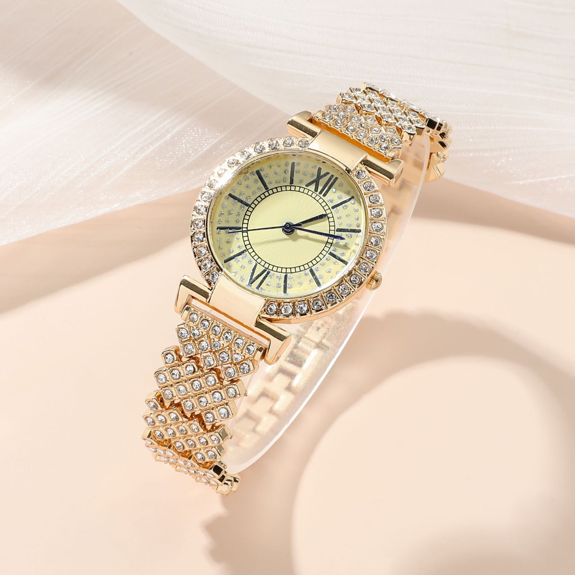 Armbanduhr mit vollständigen Diamanten (Modeschmuck) für Damen, luxuriös, elegant, in Gold