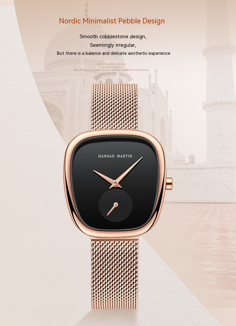 Stainless steel Milanese mesh quartz watch for women with semi-round case design